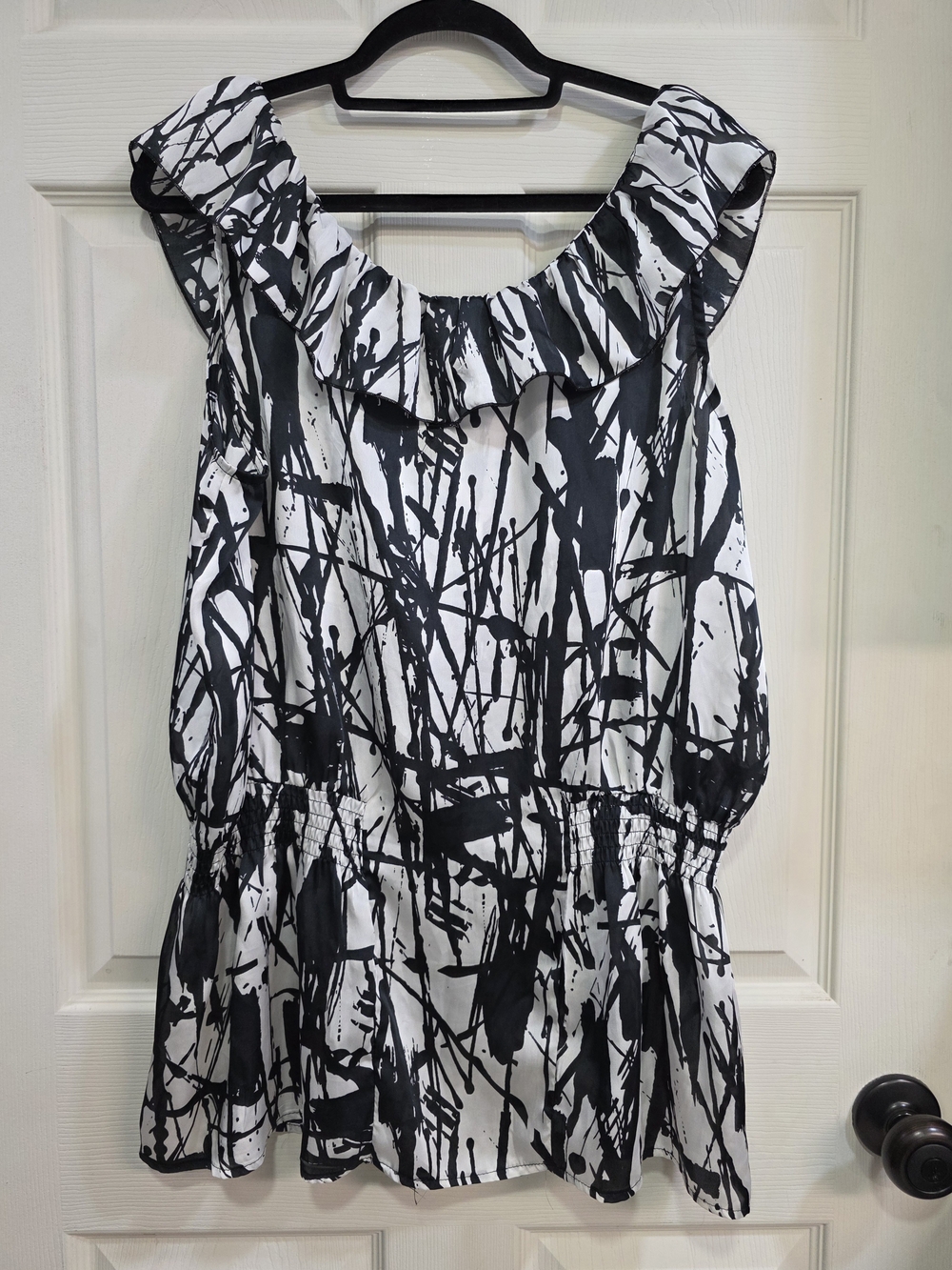 Dots Black and White Abstract Ruffle Tank Top - Picture 2 of 5